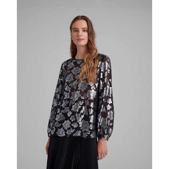 NWT Club Monaco black & silver metallic fibre burnout floral print sheer blouse - Picture 1 of 16